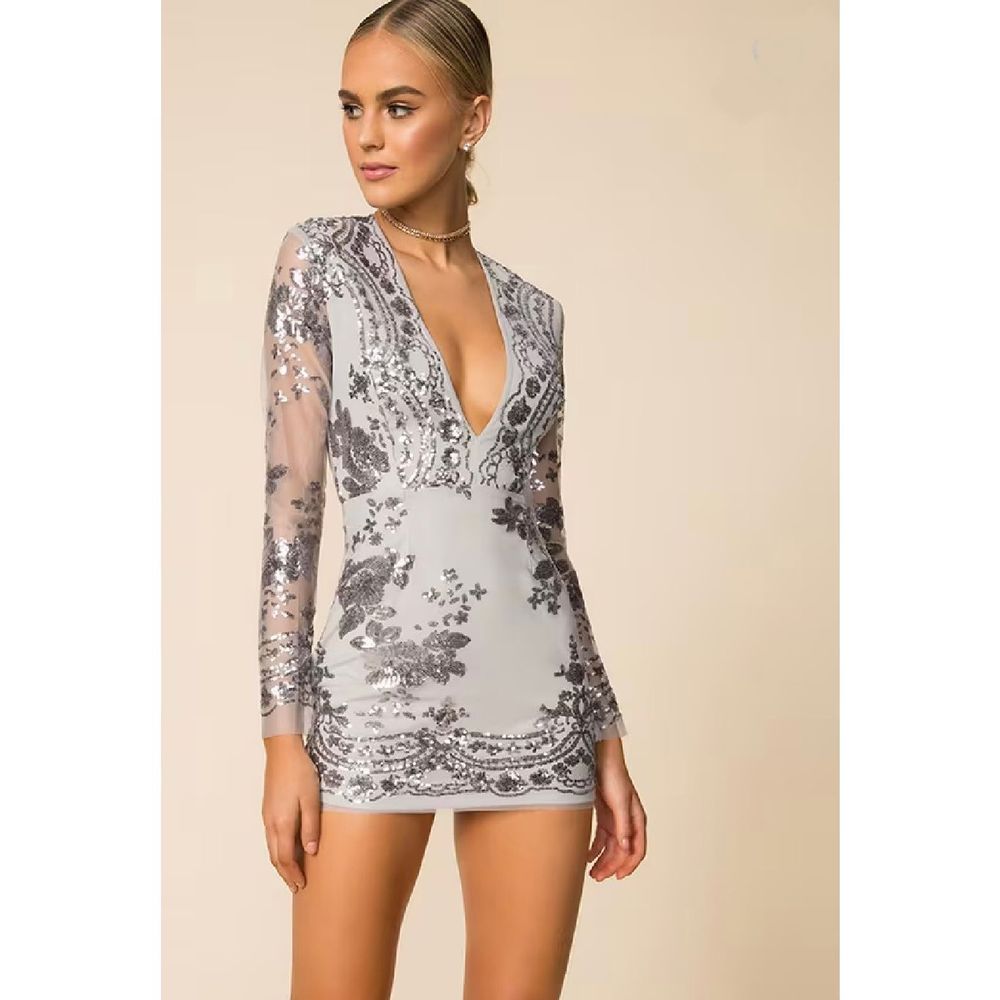 Superdown Jessa Deep V Sequin Mini Dress Gunmetal Size XS